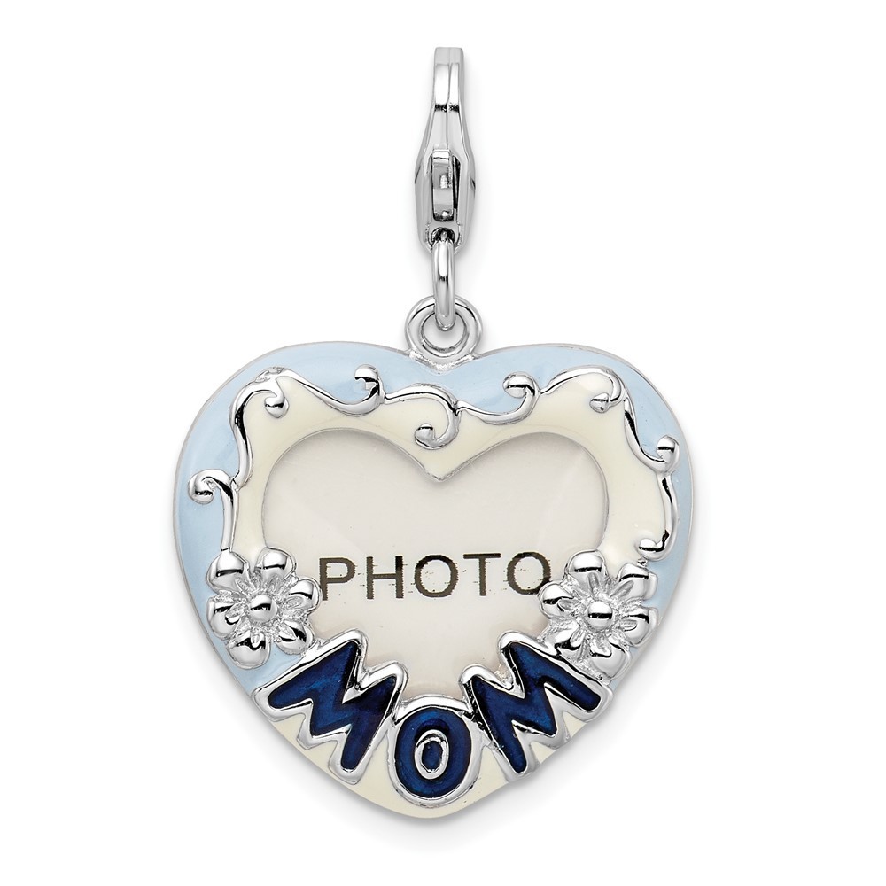 Sterling Silver Polished Blue Enameled Mom Photo Bracelet Charm Lobster Clasp